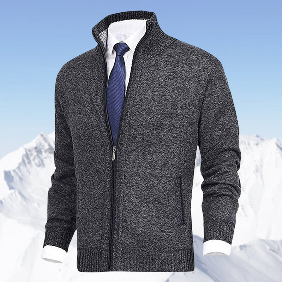 Men's Zip-Up Fleece-Lined Knit Cardigan Stand Collar Sweater - Dark Grey