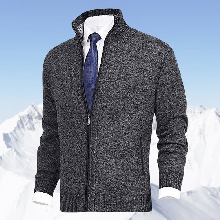 Men's Zip-Up Fleece-Lined Knit Cardigan Stand Collar Sweater - Dark Grey