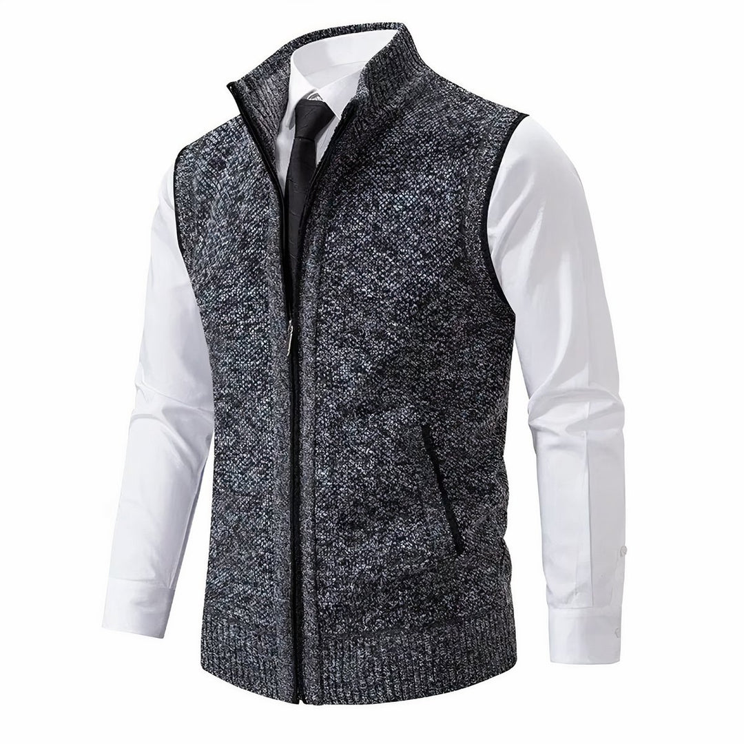 Men's Zip-Up Sleeveless Knit Cardigan Vest Stand Collar - Dark Grey