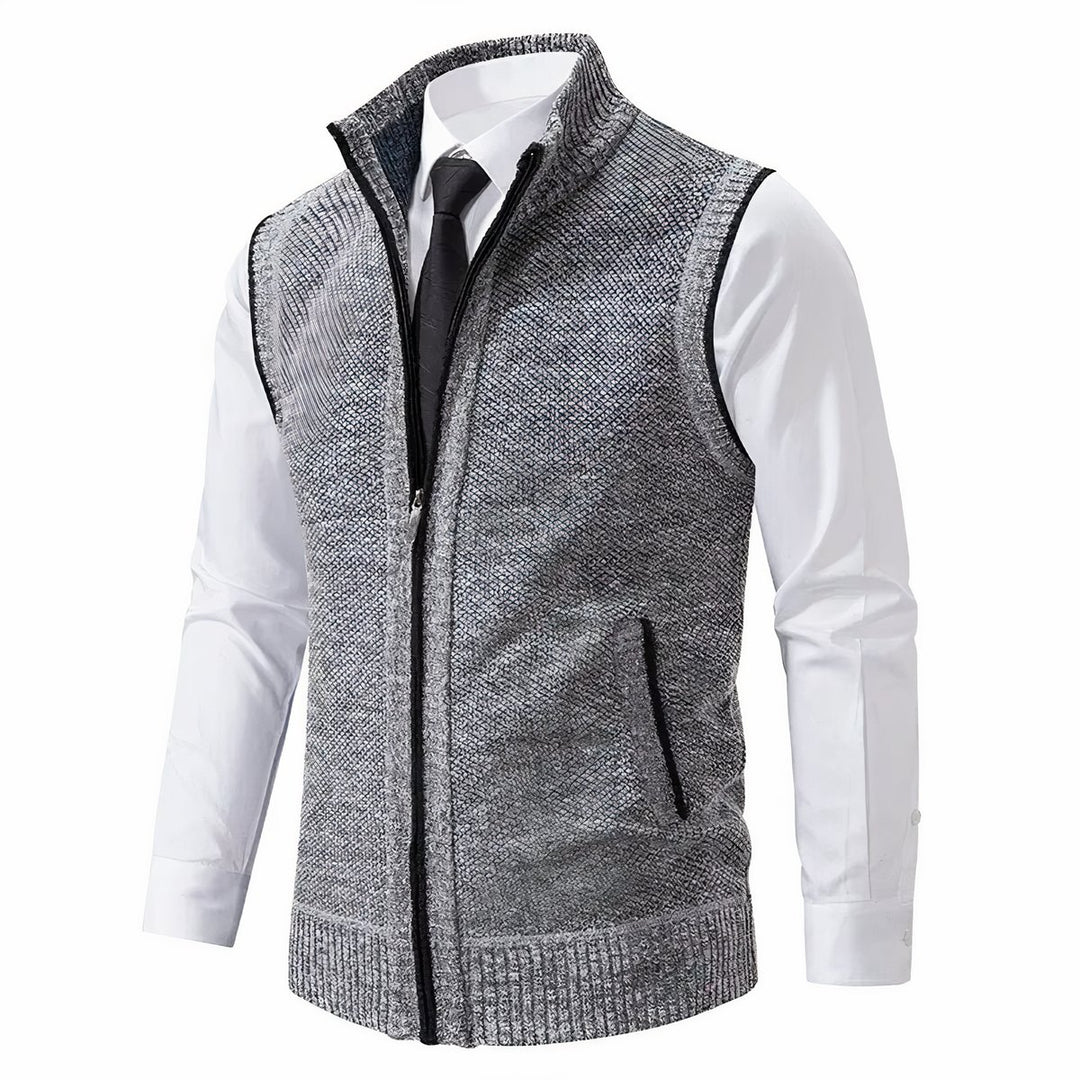 Men's Zip-Up Sleeveless Knit Cardigan Vest Stand Collar - Light Grey