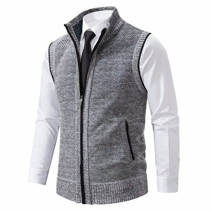 Men's Zip-Up Sleeveless Knit Cardigan Vest Stand Collar - Light Grey