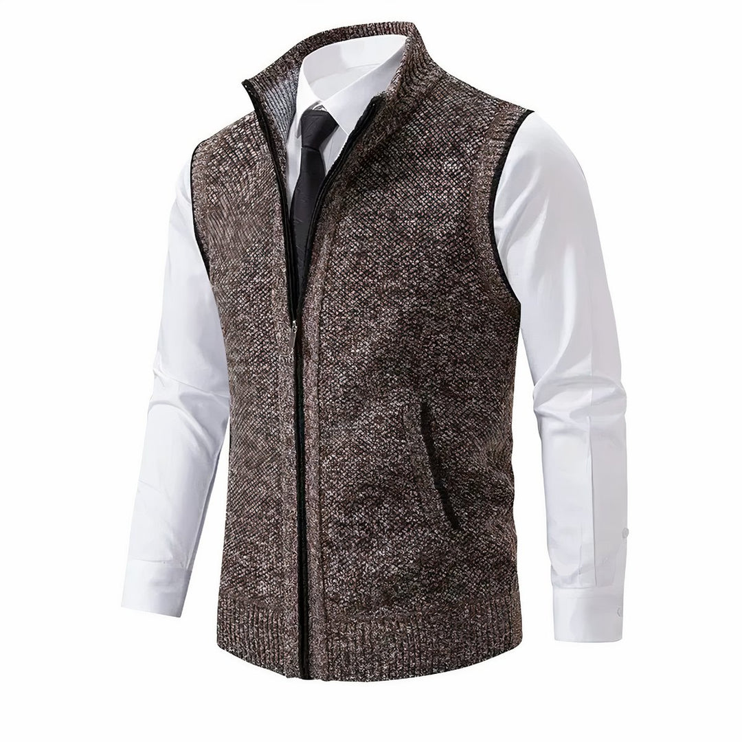 Men's Zip-Up Sleeveless Knit Cardigan Vest Stand Collar - Brown