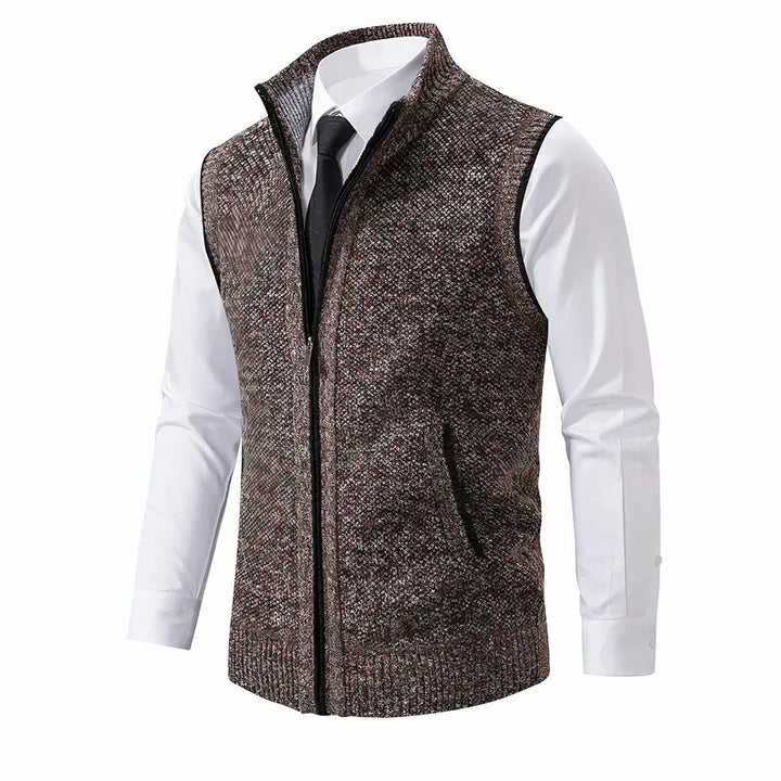 Men's Zip-Up Sleeveless Knit Cardigan Vest Stand Collar - Brown
