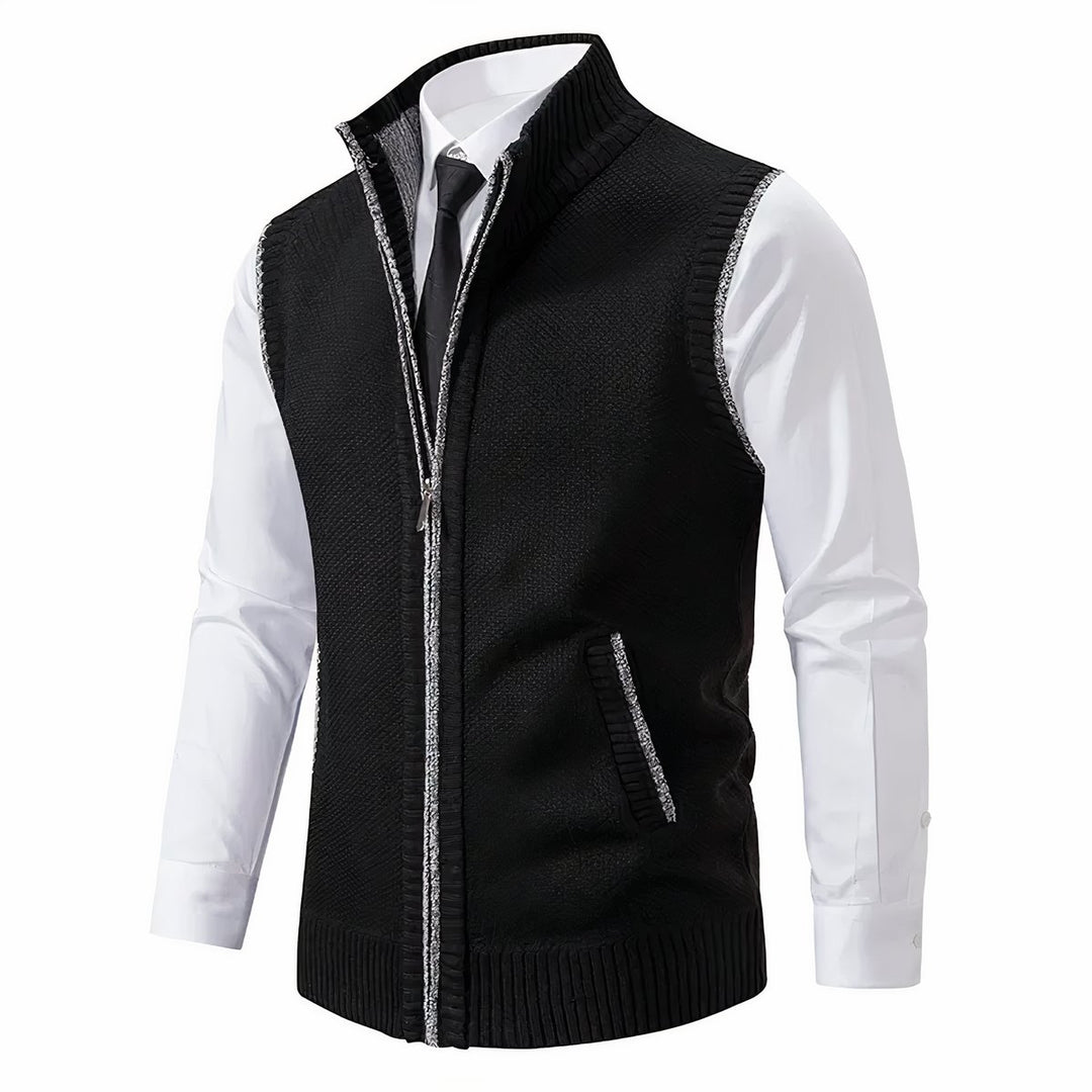 Men's Zip-Up Sleeveless Knit Cardigan Vest Stand Collar - Black