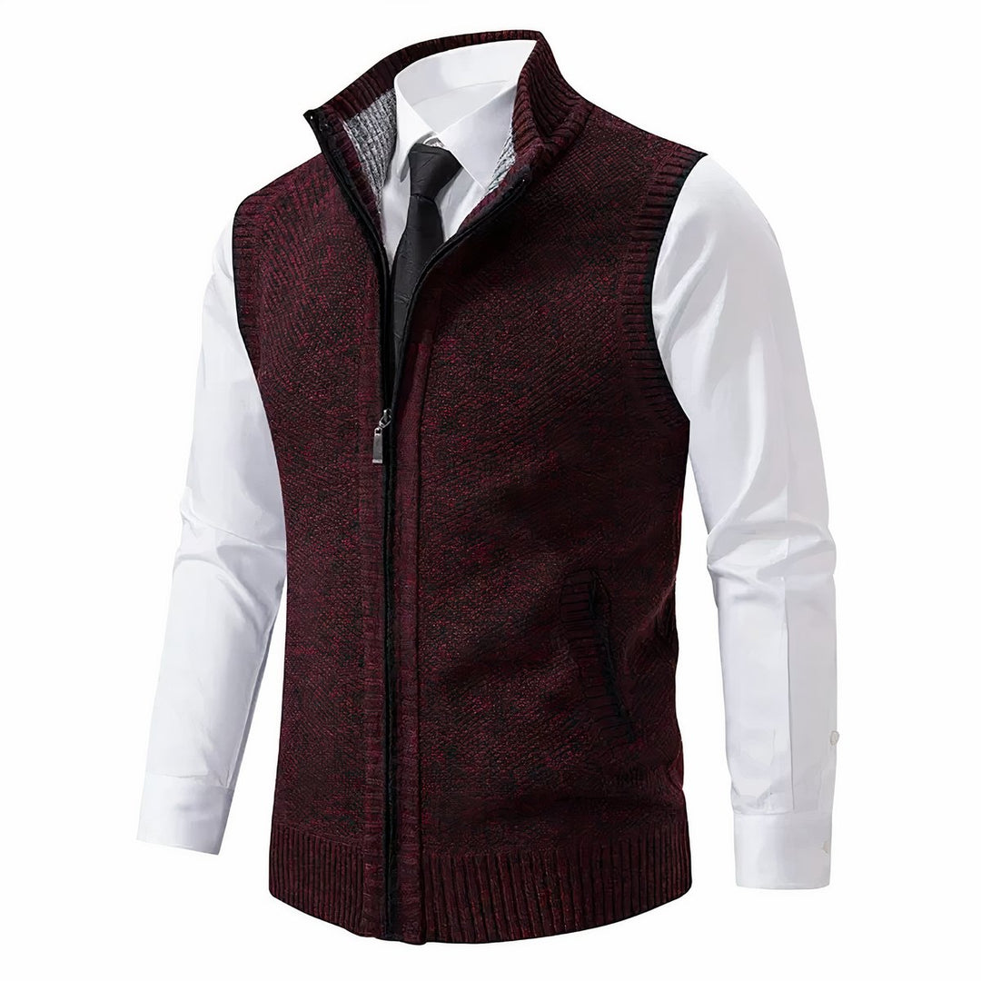 Men's Zip-Up Sleeveless Knit Cardigan Vest Stand Collar - Red