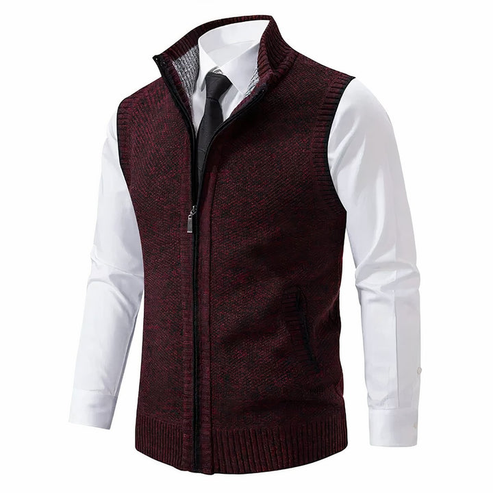 Men's Zip-Up Sleeveless Knit Cardigan Vest Stand Collar - Red