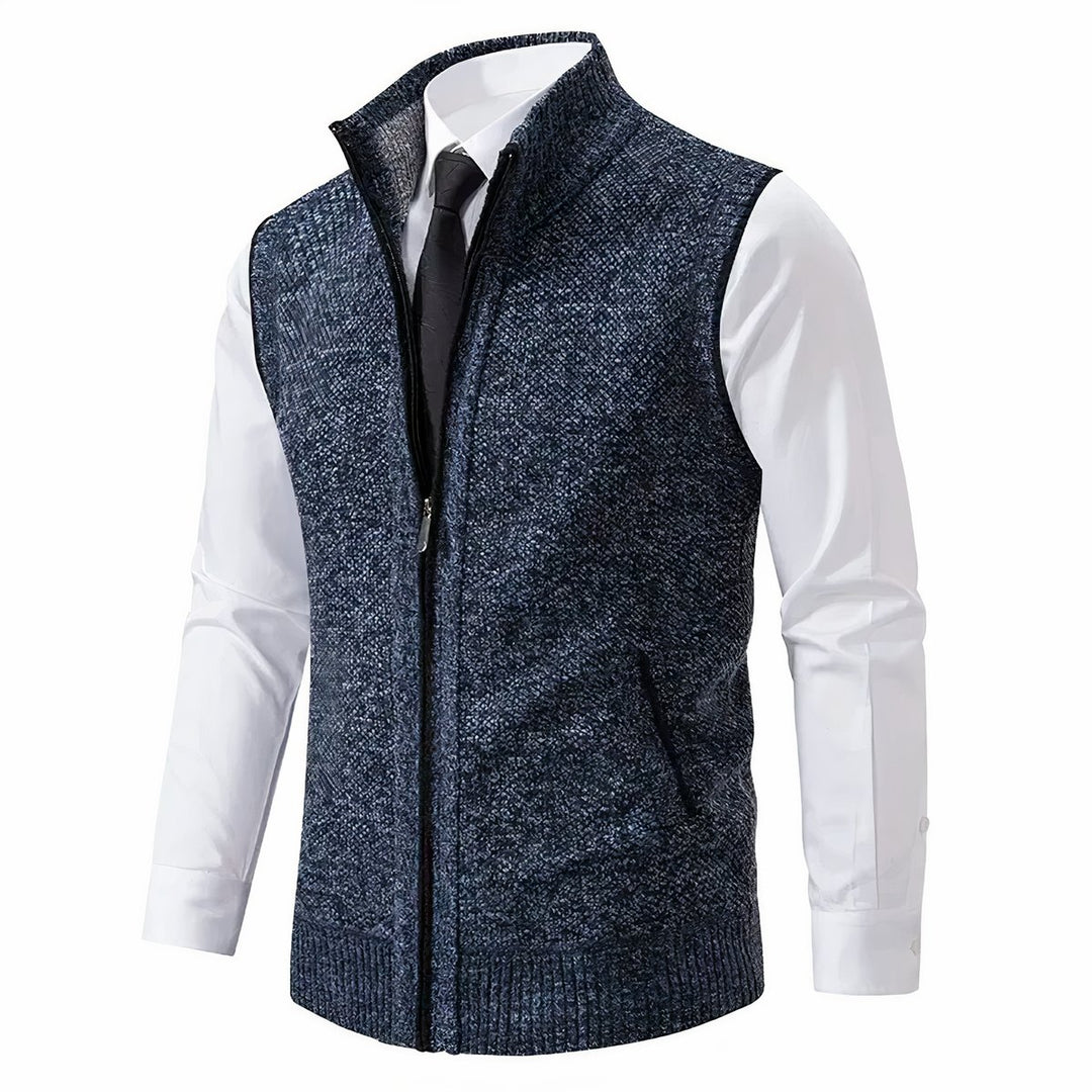 Men's Zip-Up Sleeveless Knit Cardigan Vest Stand Collar - Blue