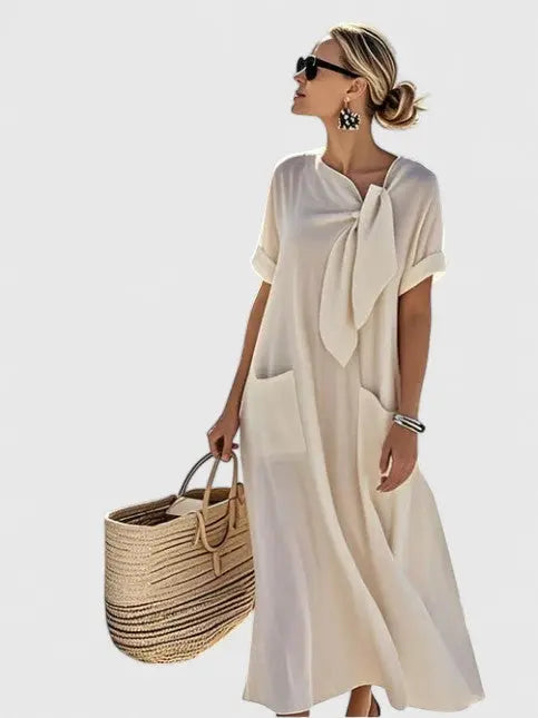 Anna | Womens Loose Pocket Tie Neck Midi Dress Luvy Boutique