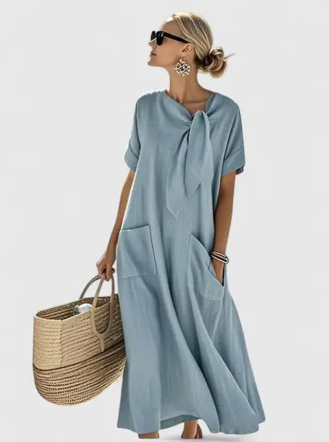 Anna | Womens Loose Pocket Tie Neck Midi Dress Luvy Boutique