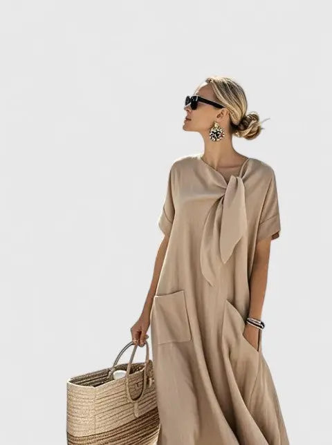 Anna | Womens Loose Pocket Tie Neck Midi Dress Luvy Boutique