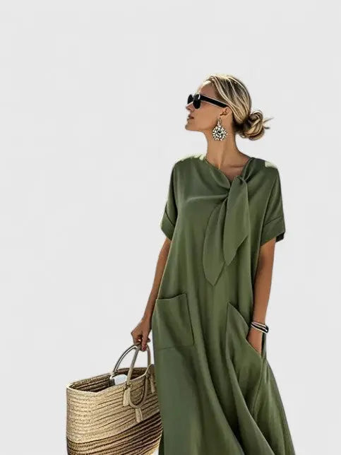 Anna | Womens Loose Pocket Tie Neck Midi Dress Luvy Boutique