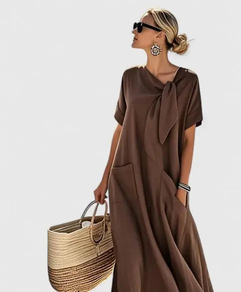 Heather | Women’s Tie Neck Pocket Midi Dress Luvy Boutique
