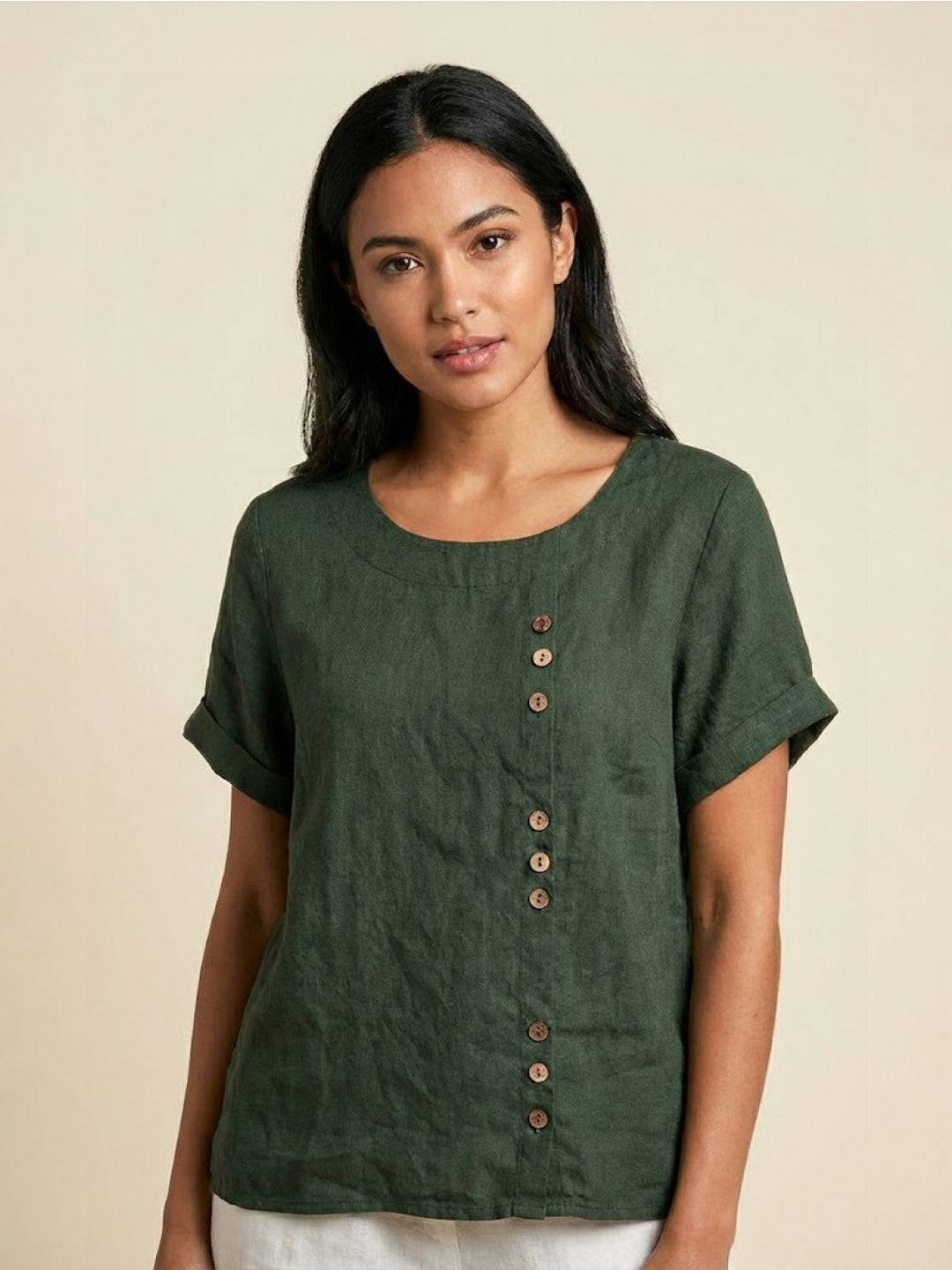 Hazel | Women’s Linen Round Neck Button Blouse Luvy Boutique