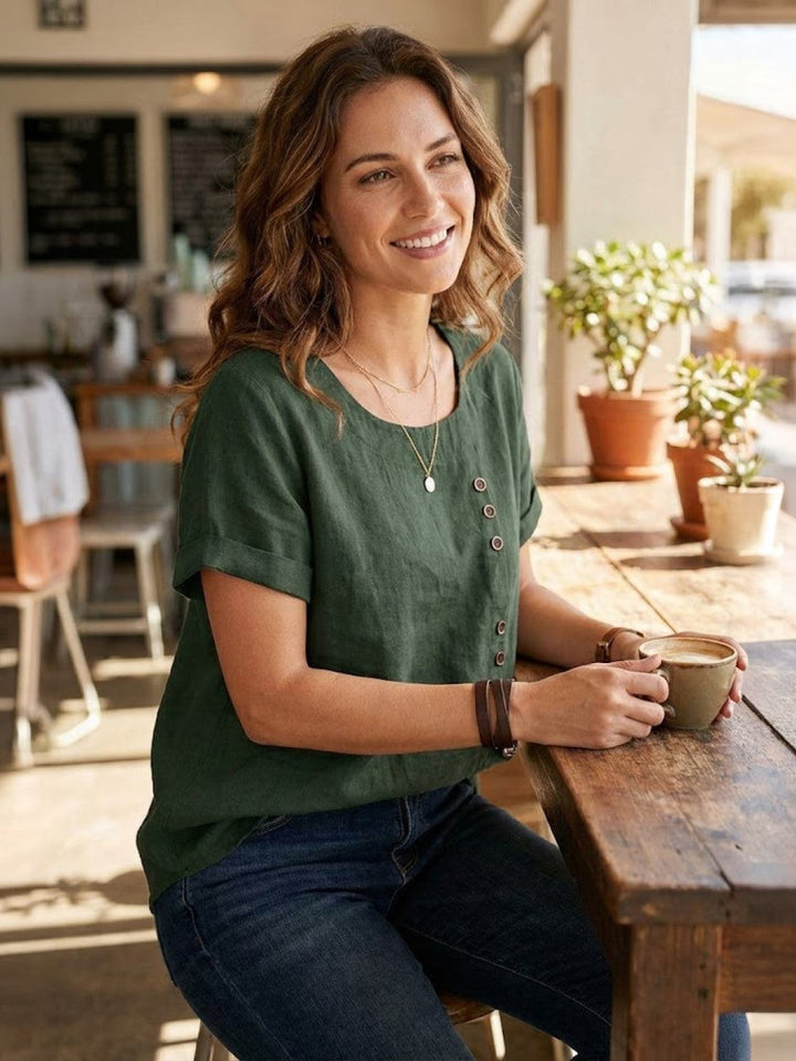 Hazel | Women’s Linen Round Neck Button Blouse Luvy Boutique