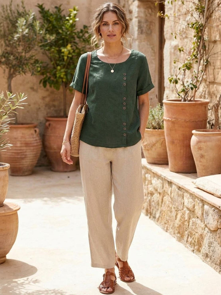 Hazel | Women’s Linen Round Neck Button Blouse Luvy Boutique