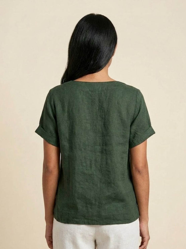 Hazel | Women’s Linen Round Neck Button Blouse Luvy Boutique