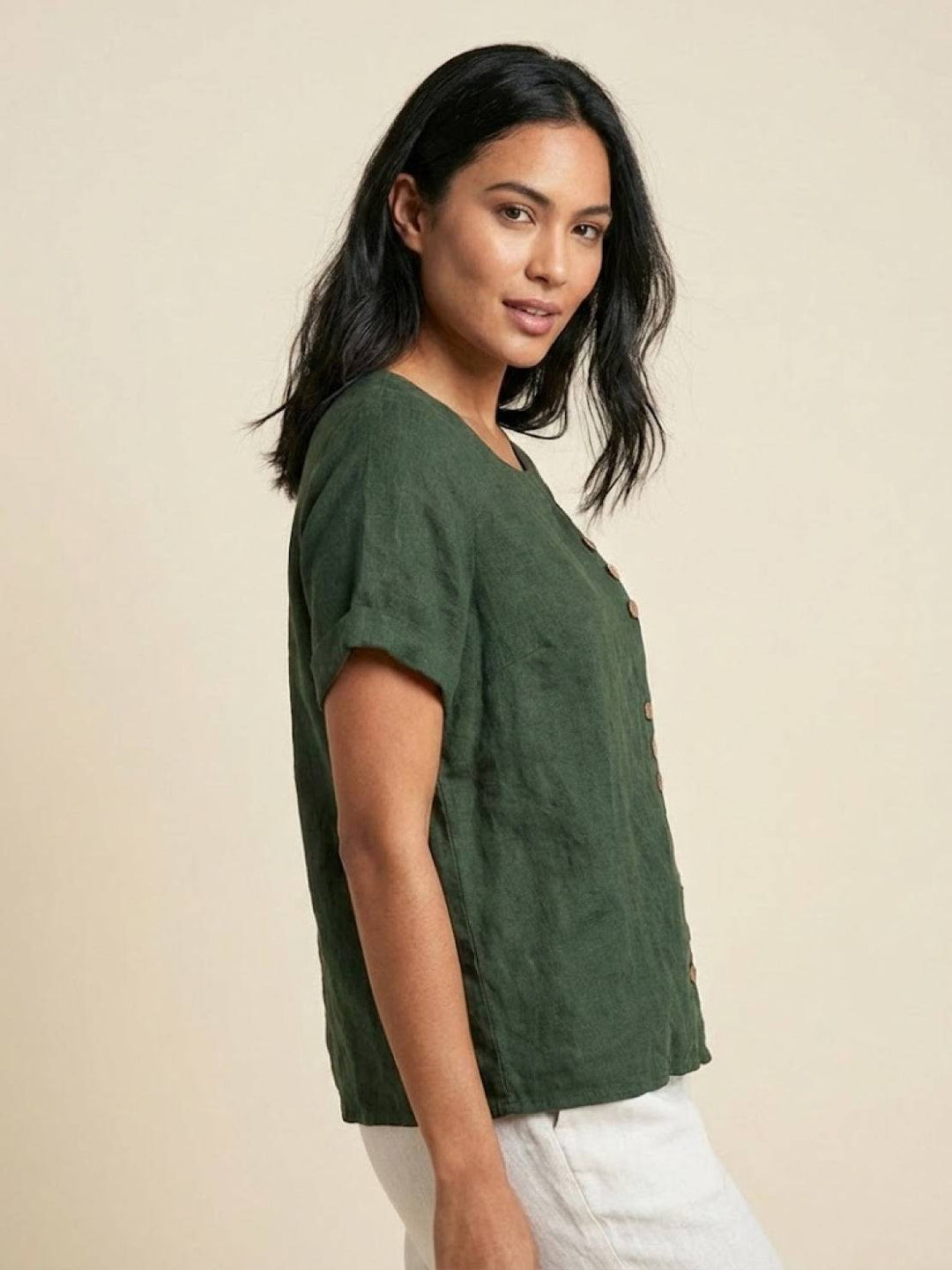Hazel | Women’s Linen Round Neck Button Blouse Luvy Boutique