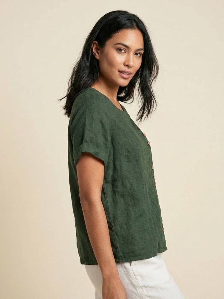 Hazel | Women’s Linen Round Neck Button Blouse Luvy Boutique