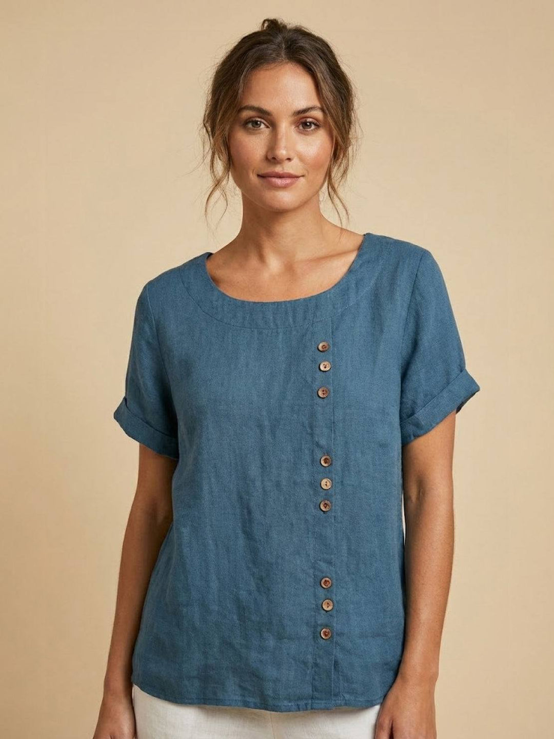 Hazel | Women’s Linen Round Neck Button Blouse Luvy Boutique
