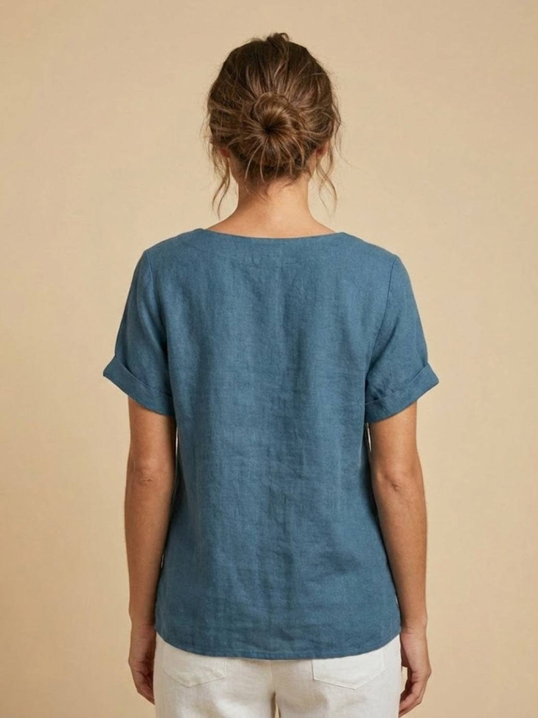Hazel | Women’s Linen Round Neck Button Blouse Luvy Boutique