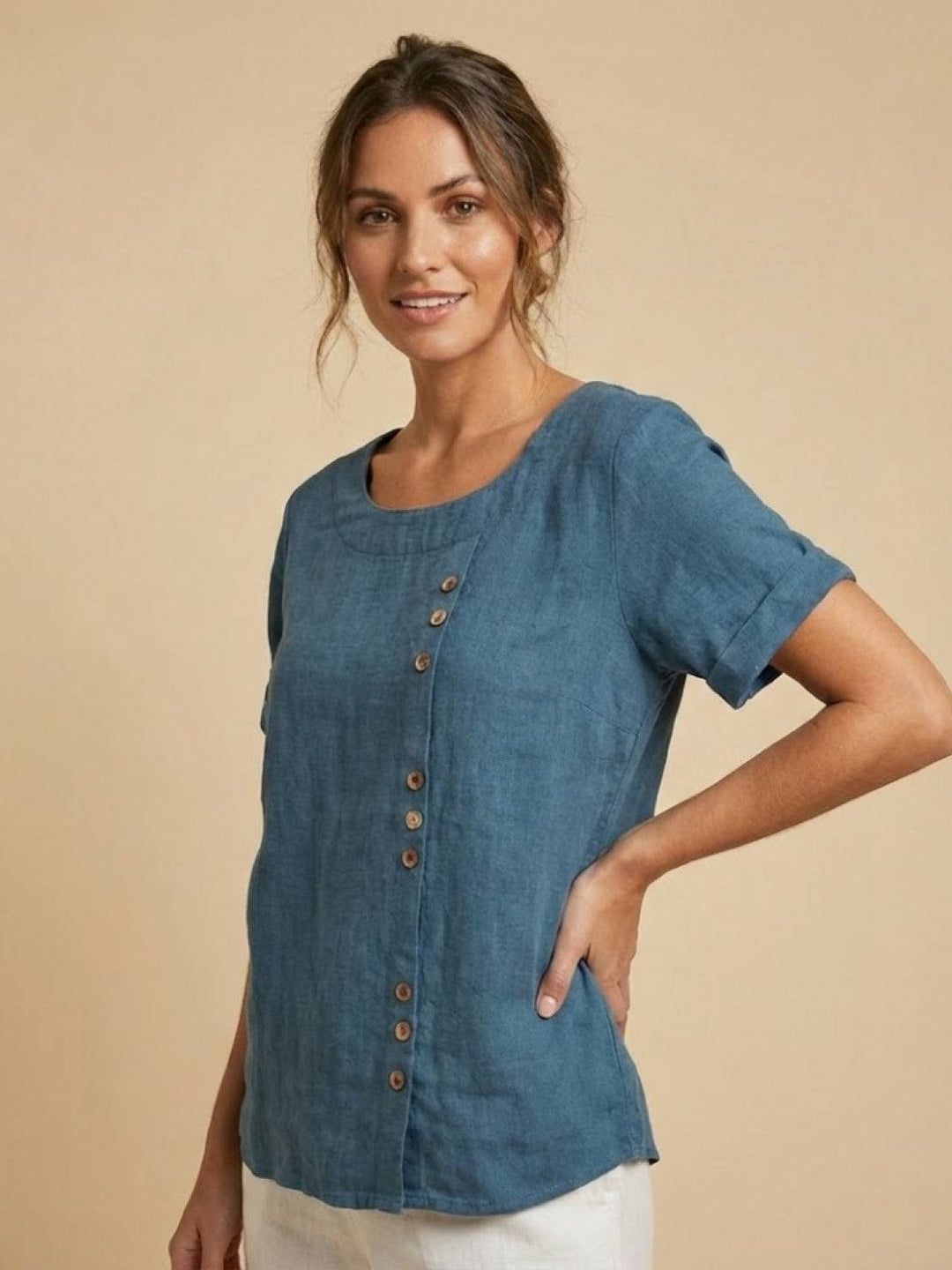 Hazel | Women’s Linen Round Neck Button Blouse Luvy Boutique
