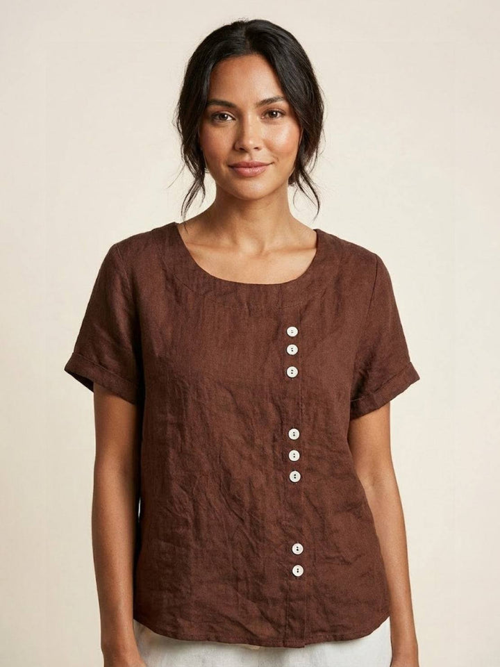 Hazel | Women’s Linen Round Neck Button Blouse Luvy Boutique