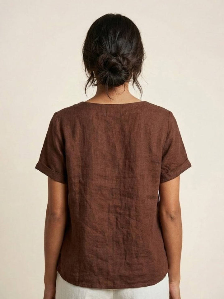 Hazel | Women’s Linen Round Neck Button Blouse Luvy Boutique