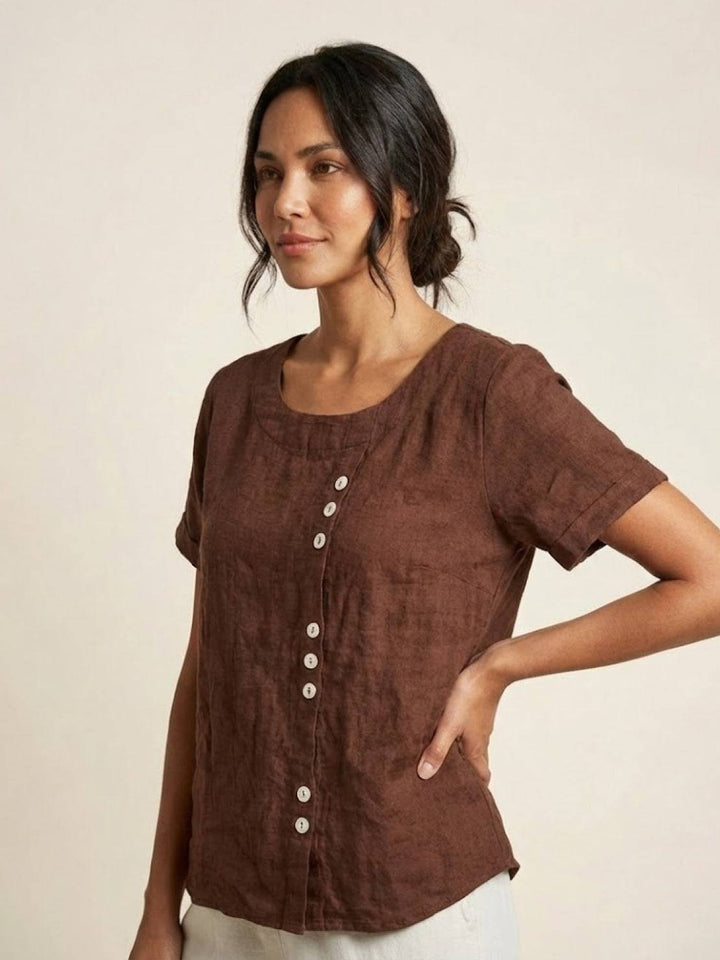 Hazel | Women’s Linen Round Neck Button Blouse Luvy Boutique