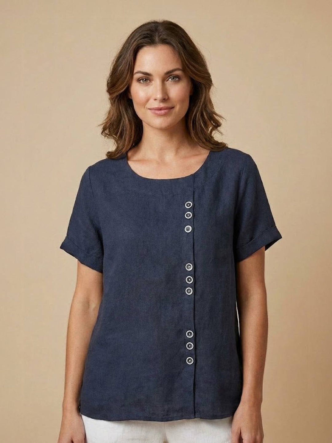 Hazel | Women’s Linen Round Neck Button Blouse Luvy Boutique