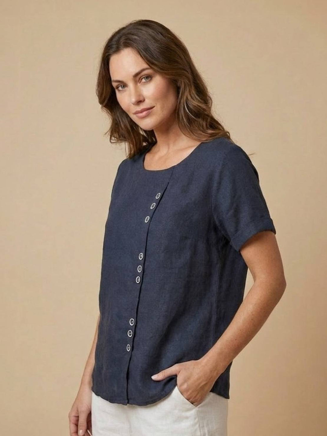 Hazel | Women’s Linen Round Neck Button Blouse Luvy Boutique