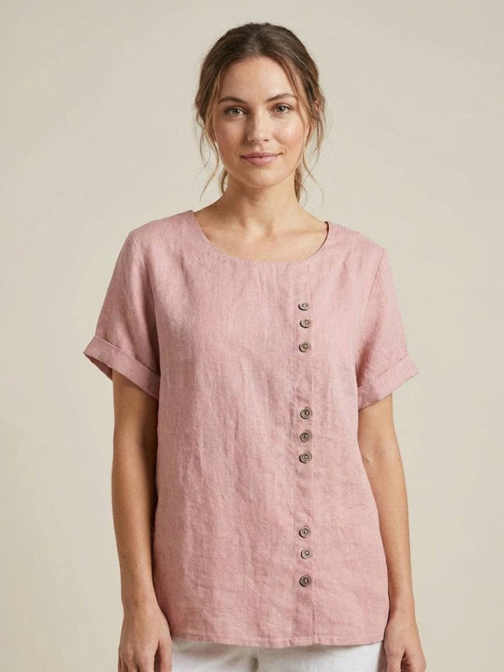 Hazel | Women’s Linen Round Neck Button Blouse Luvy Boutique