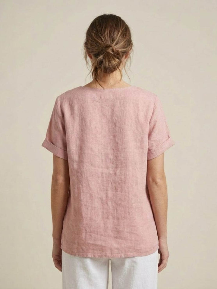 Hazel | Women’s Linen Round Neck Button Blouse Luvy Boutique