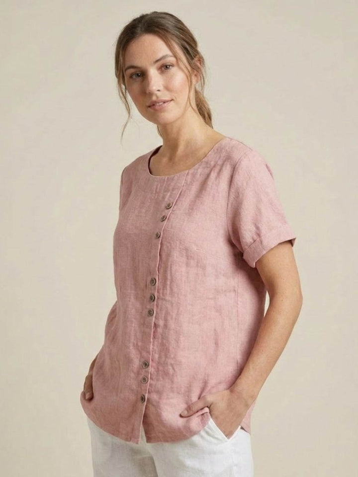 Hazel | Women’s Linen Round Neck Button Blouse Luvy Boutique