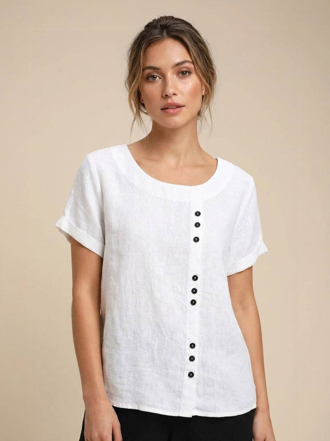 Hazel | Women’s Linen Round Neck Button Blouse Luvy Boutique