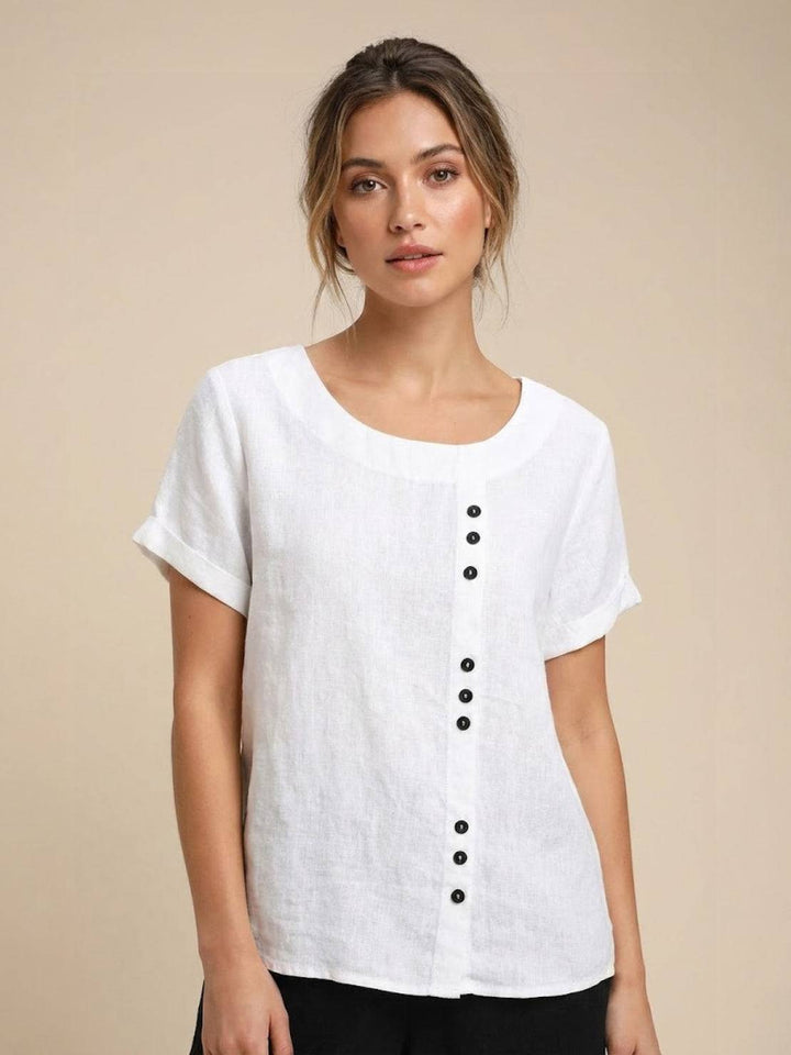 Hazel | Women’s Linen Round Neck Button Blouse Luvy Boutique