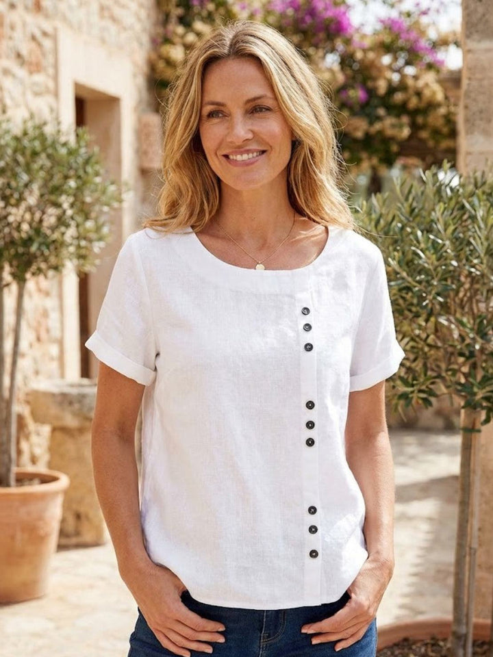 Hazel | Women’s Linen Round Neck Button Blouse Luvy Boutique