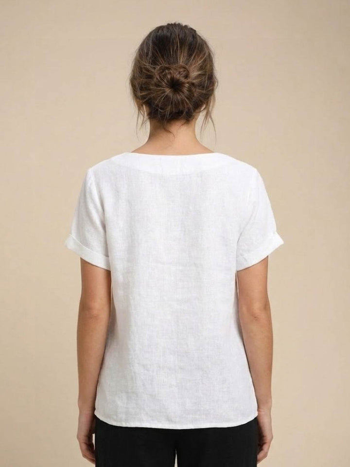 Hazel | Women’s Linen Round Neck Button Blouse Luvy Boutique