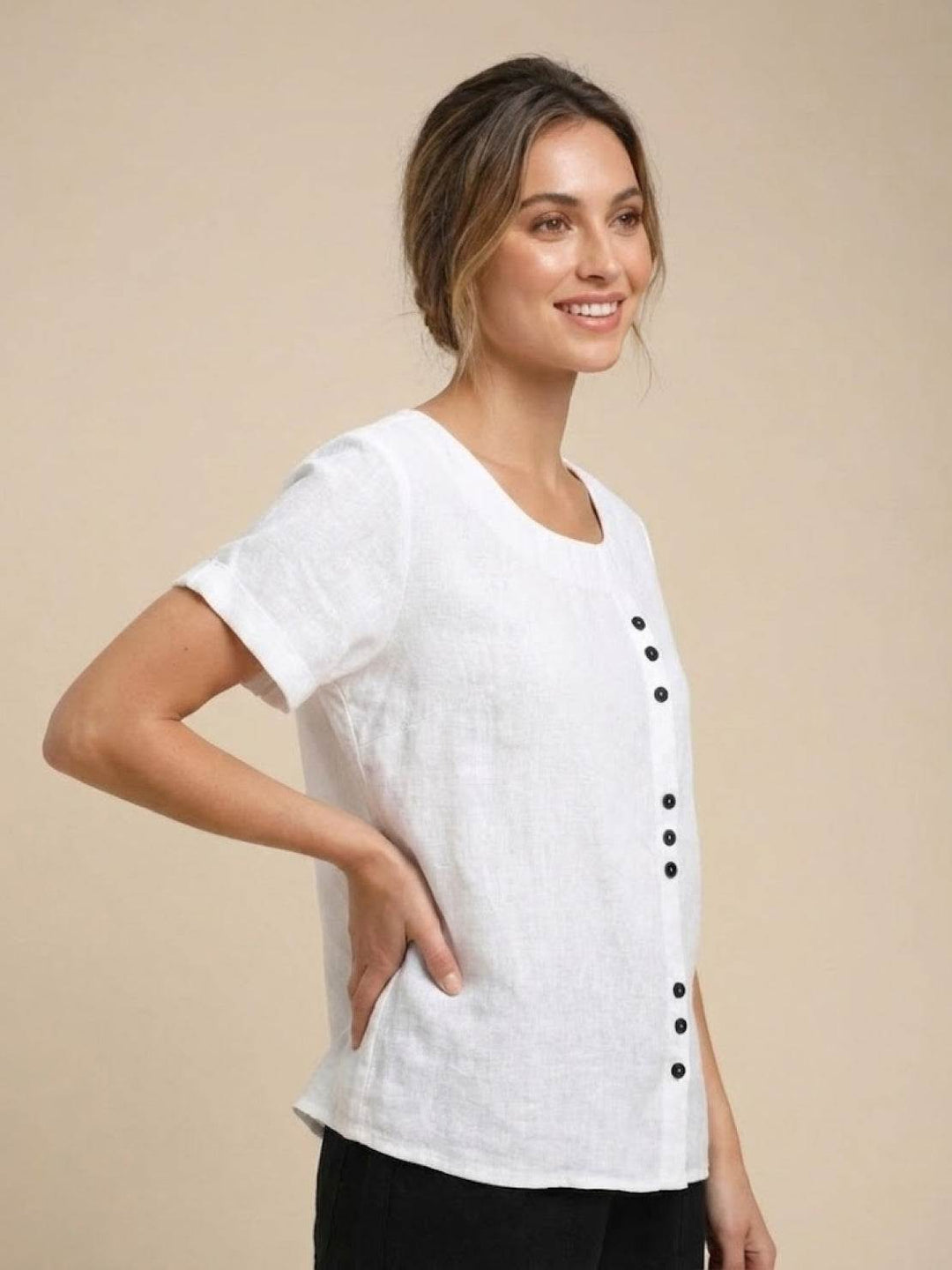 Hazel | Women’s Linen Round Neck Button Blouse Luvy Boutique