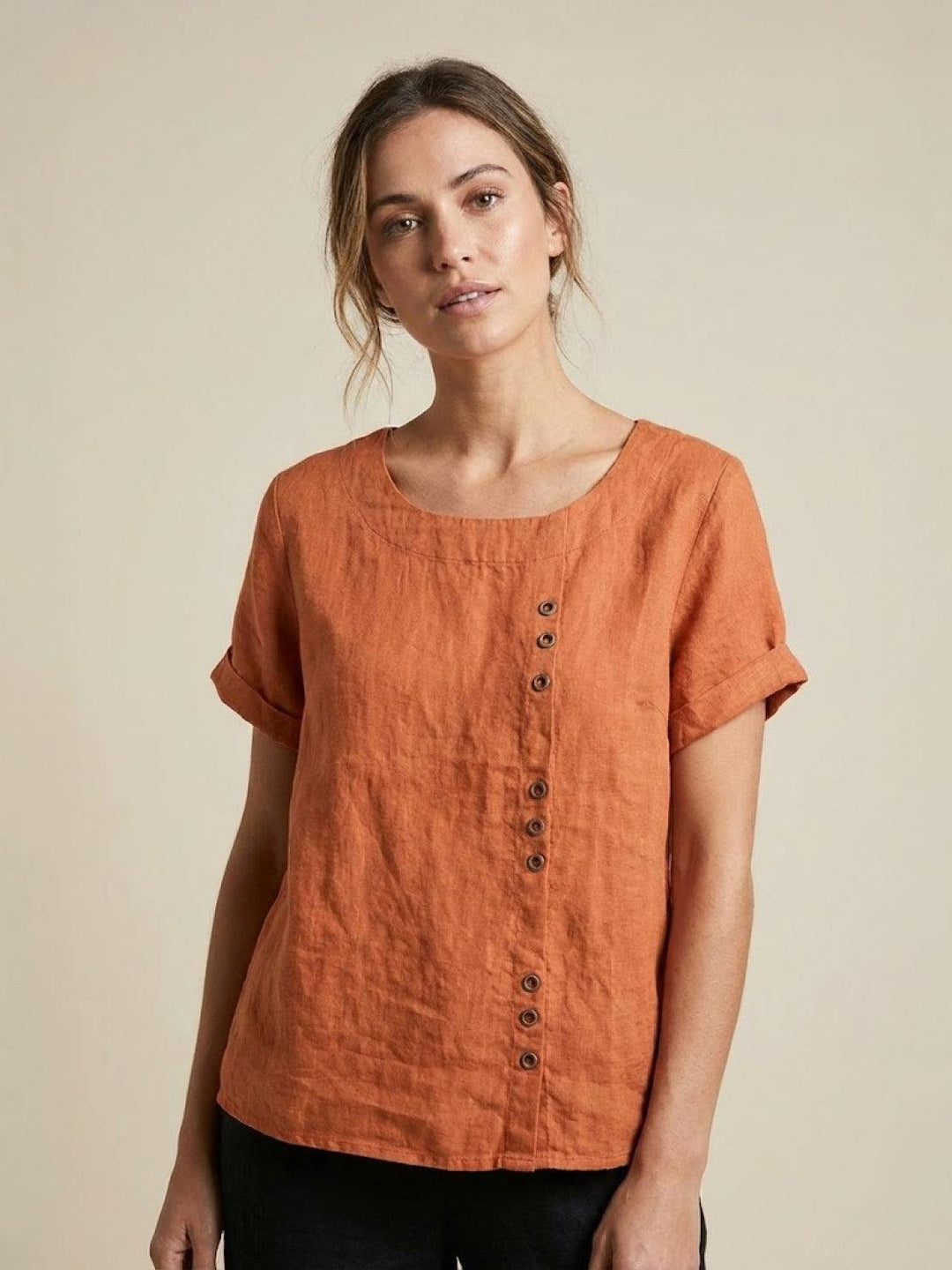 Hazel | Women’s Linen Round Neck Button Blouse Luvy Boutique