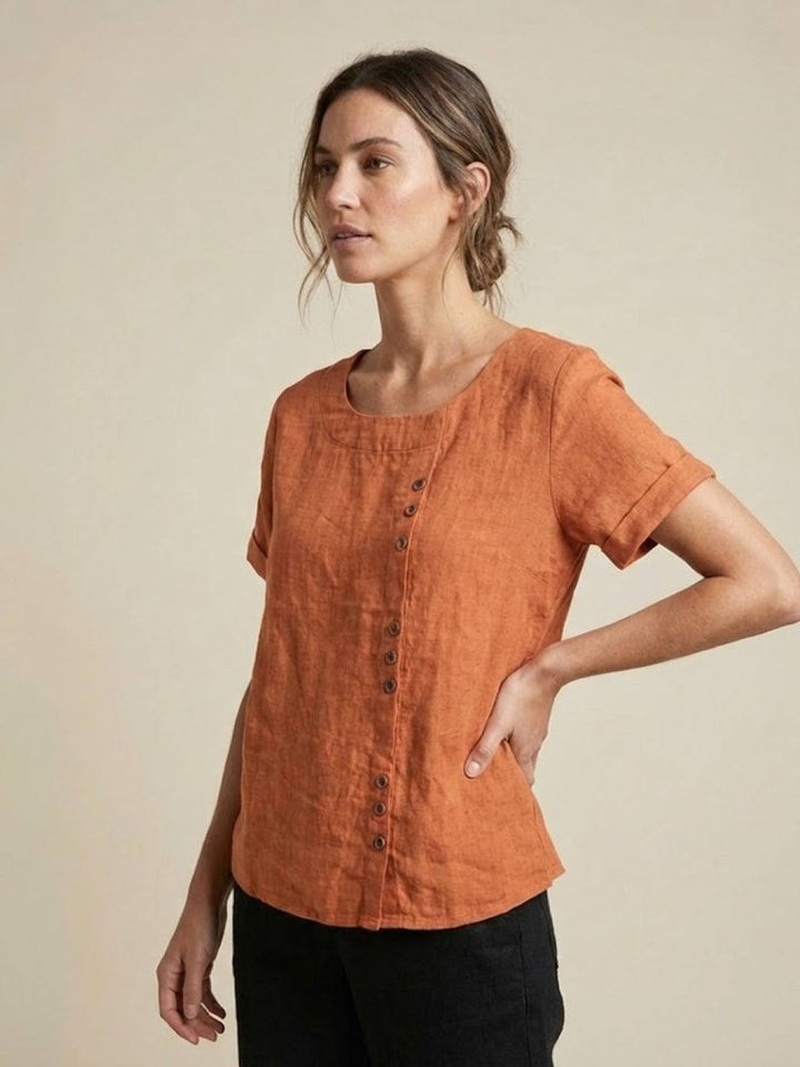 Hazel | Women’s Linen Round Neck Button Blouse Luvy Boutique