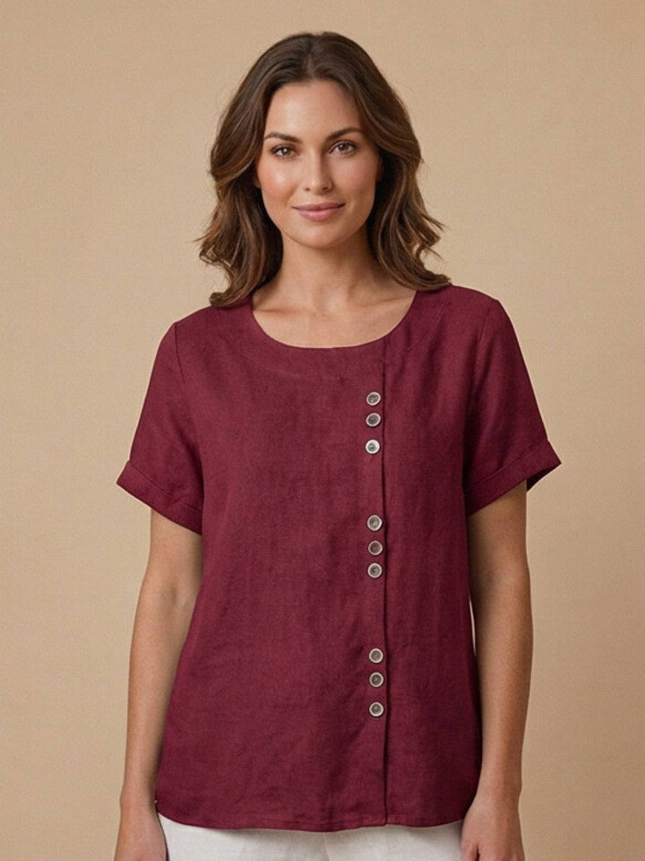 Hazel | Women’s Linen Round Neck Button Blouse Luvy Boutique