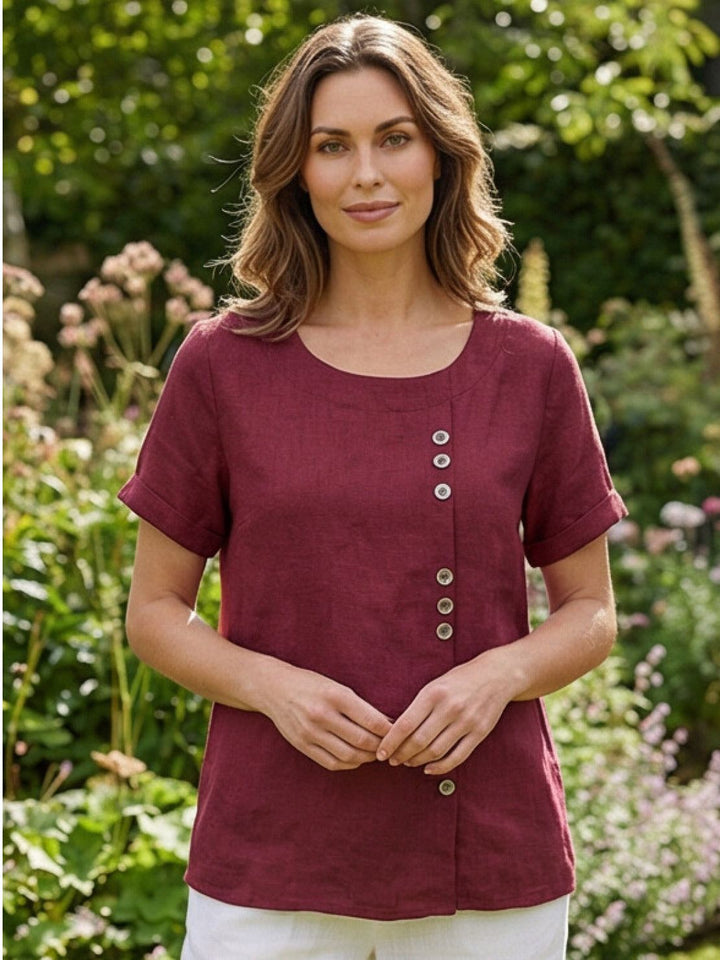 Hazel | Women’s Linen Round Neck Button Blouse Luvy Boutique