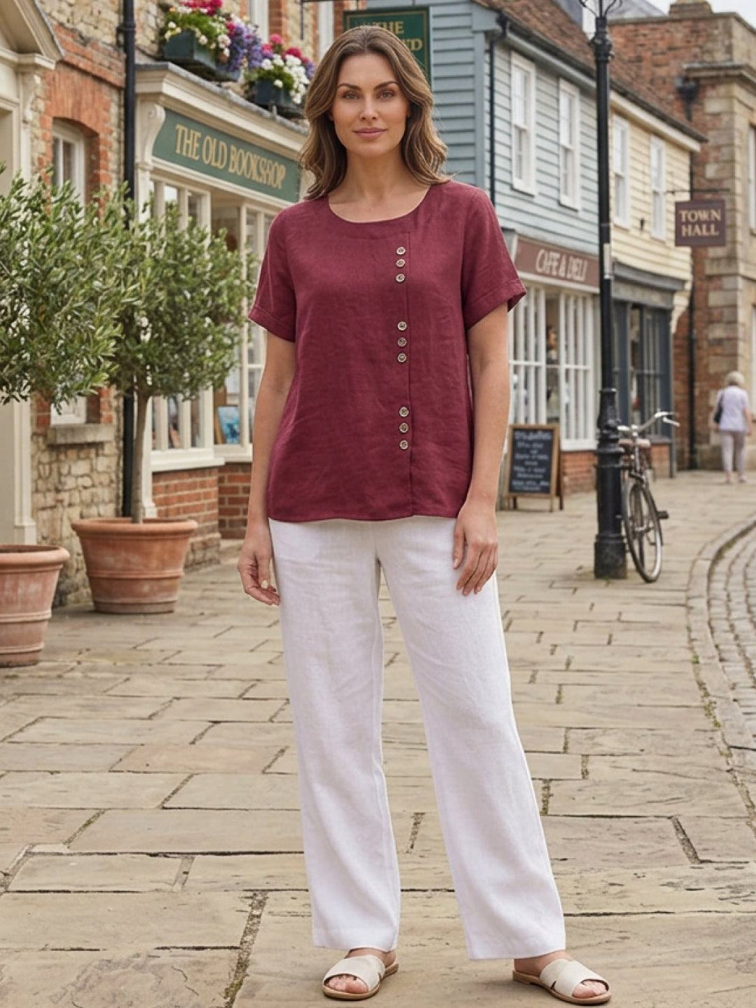 Hazel | Women’s Linen Round Neck Button Blouse Luvy Boutique