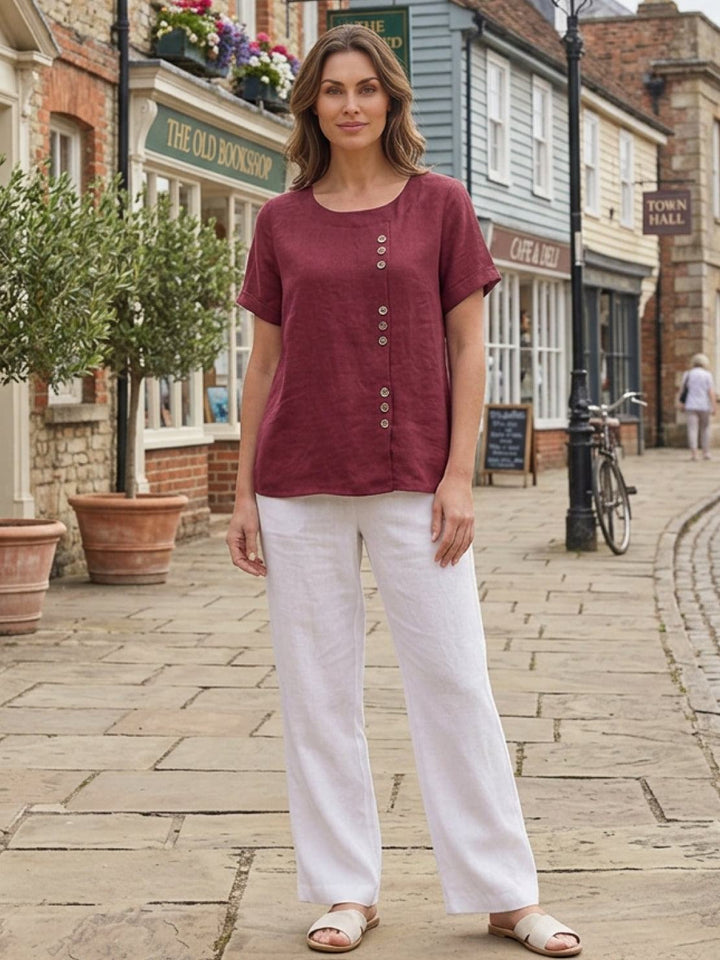 Hazel | Women’s Linen Round Neck Button Blouse Luvy Boutique