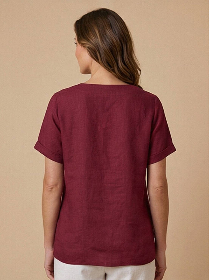 Hazel | Women’s Linen Round Neck Button Blouse Luvy Boutique
