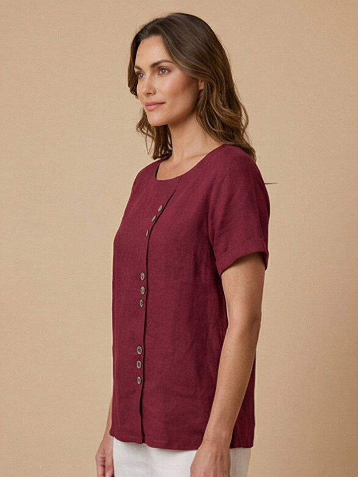Hazel | Women’s Linen Round Neck Button Blouse Luvy Boutique