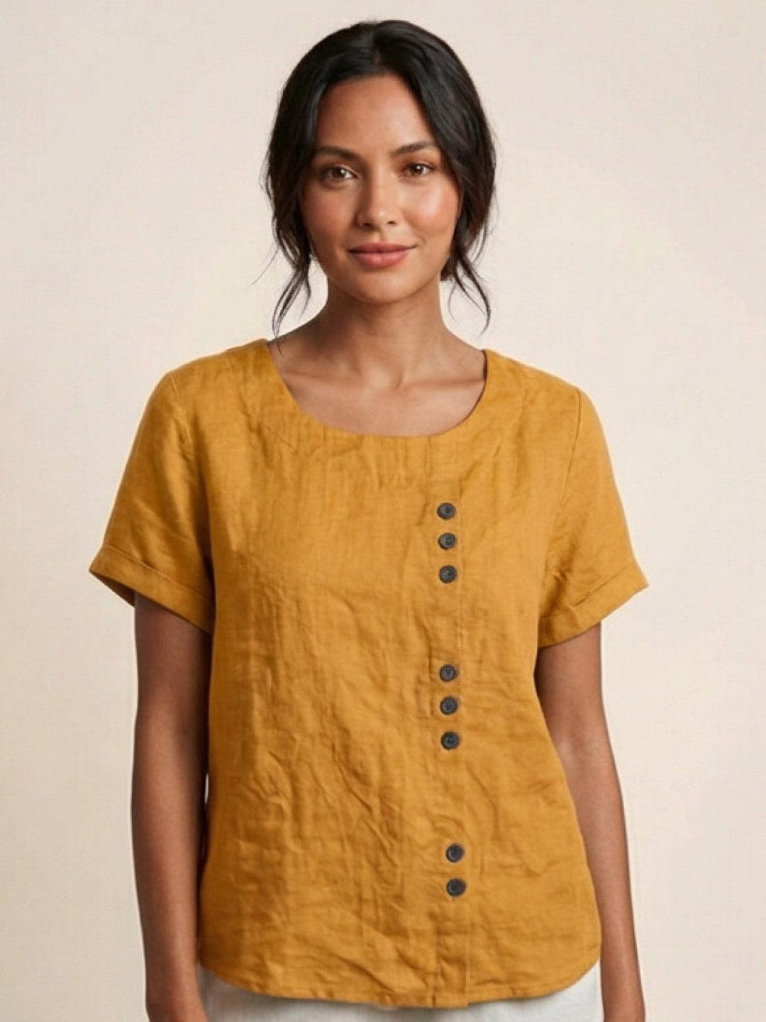 Hazel | Women’s Linen Round Neck Button Blouse Luvy Boutique