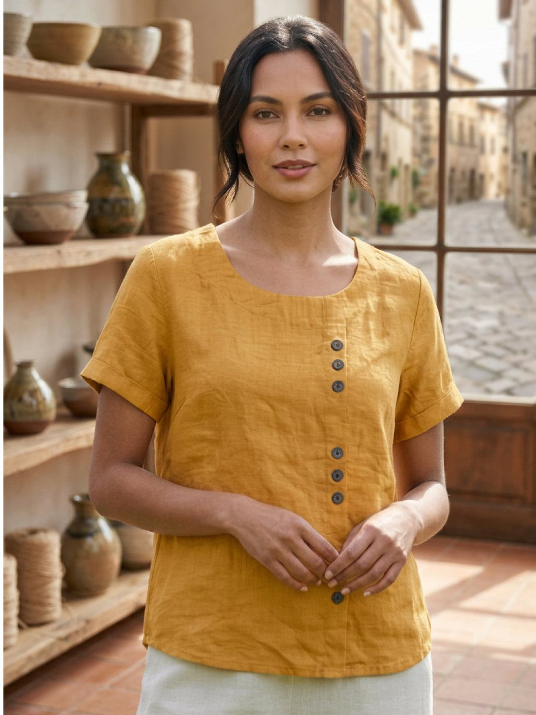 Hazel | Women’s Linen Round Neck Button Blouse Luvy Boutique
