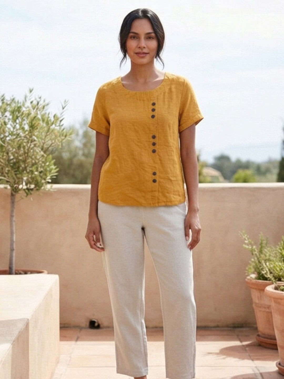 Hazel | Women’s Linen Round Neck Button Blouse Luvy Boutique