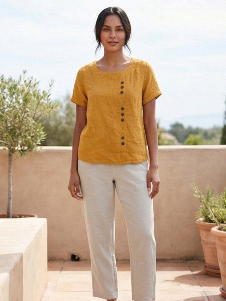 Hazel | Women’s Linen Round Neck Button Blouse Luvy Boutique